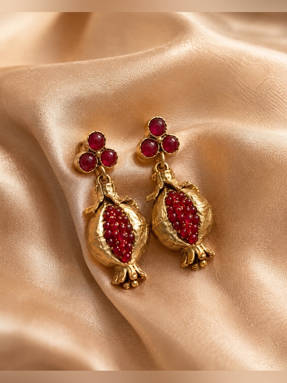 Gold Pomegranate Drop Earrings with Red Accents